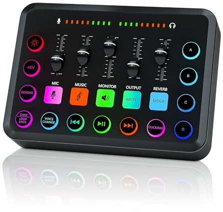 Gaming Audio Mixer,ALLWIN Streaming RGB Audio Interface PC Live Soundkarte DJ Mixer mit 48V Phantomspeisung/Lautstärkeregler/DIY Soundeffekte/XLR Mic Interface, für Live Streaming/Gaming