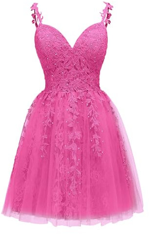 Vestido corto de tul con tirantes delgados para adolescentes, con apliques de encaje, vestido corto de graduación, acampanado, para fiesta, Fucsia, 4