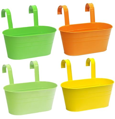 Pasdrucn 4 Stück Blumenkasten Balkongeländer, Metall Blumentopf Hängend, Balkonkasten Mit Halterung, Hängende Blumentöpfe, Blumentöpfe Zum Aufhängen, Hängeblumentöpfe Aussen (Paket 3)