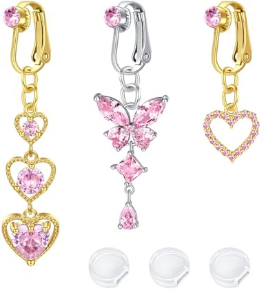 QSKISS Faux piercing de nombril - Rose - En acier chirurgical - Faux piercing d'oreille - Diamant - Papillon - Non piercing