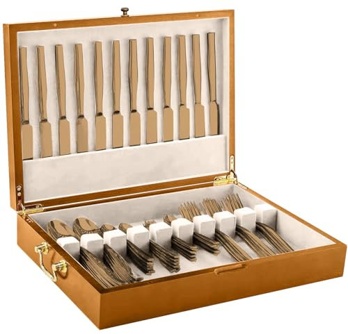 WGLILO Wooden silverware storage box with lid, Cutlery case with Handle & Felt Lined, Silver flatware chest for 12 Set of Utensil for Forks, Knives, Spoons, Kitchen and Dining Organizer, Light Walnut