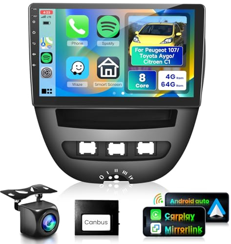 8 Core 4G+64G Car Radio for Peugeot 107/Toyota Aygo/Citroen C1 2005-2014 | Podofo 10 1280P IPS Touch Screen Stereo with Carplay Android Auto GPS 5GWifi FM/RDS BT 5.0 DSP 63 UIs Camera