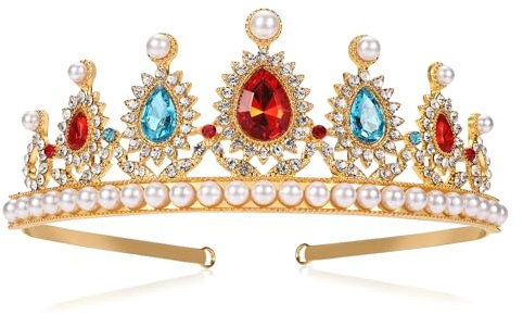 Kristall Perle Krone Mädchen Damen Diadem Rot Blau Strass Prinzessin Krone für Halloween Cosplay Braut Hochzeit Haar Zubehör Prom Feiern Geburtstag Kommunion Cake Topper