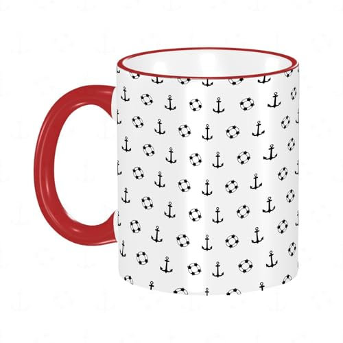 KDWJS Taza divertida de cerámica de 11 onzas,Tazas Originales de Desayuno - Graciosos Ideas para Regalos - Cerámica 330 ml - Objetos de temática náutica y marítima Patrón de anclas y aros salvavidas