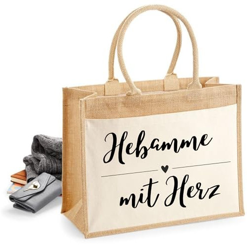 Druckerino XL Jutetasche Hebamme mit Herz | Hebamme Geschenk | Einkaufstasche Jute | Hebammen Geschenk | Hebamme Geschenk Dankeschön