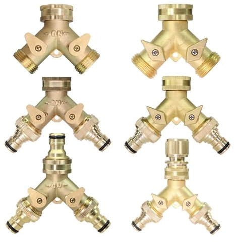 1 conector de manguera de jardín de latón resistente de 3/4'', divisor de grifo, adaptador de espiga de manguera de 2 vías con 2 válvulas, juntas de riego en Y(C)