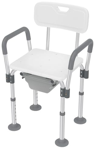 FIVMEN Toilettenstuhl Duschhocker Höhenverstellbar 2 in 1 Duschstuhl Badhocker Nachtstuhl mit Eimer, Armlehne und Rückenlehne WC-Stuhl für Erwachsene Senioren