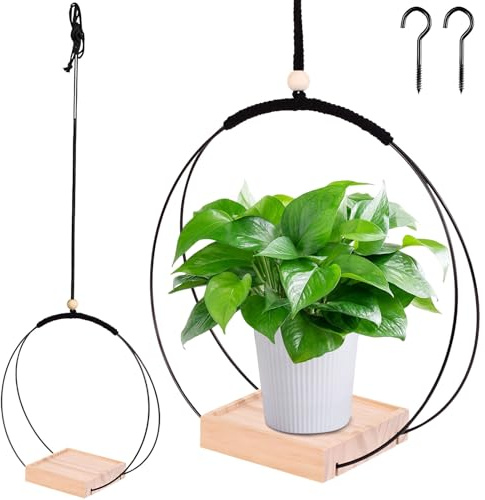 Blumenampel Hängend Innen, Blumentopf Hängend mit Metallring Hängende Pflanzgefäße Aus Metall Hängetopf für Pflanzen Hängeampel mit Holzsockel Blumenampel Blumentöpfe zum Aufhängen für Innen (B)