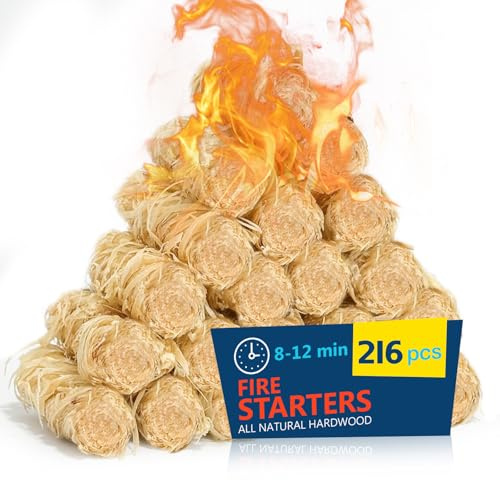 Fire Starter 216Pcs - Extra Long 12min Natural Fire Starters for Grill, Fireplace, Camping & Survival Kit | Waterproof, Odorless, Safe for BBQ/Pizza Oven/Chimney (Indoor & Outdoor)