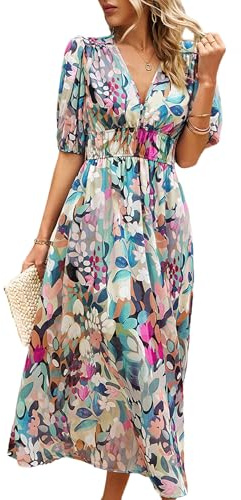 Breezy Lane Women's Casual Summer Deep V Neck Dress Boho Floral Half Sleeve Flowy Maxi Long Dresses