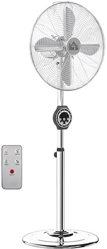 HOMCOM Ventilateur sur pied puissant 50 W, ventilateur réglable en hauteur 120-135 cm, 3 vitesses, oscillation 75°, minuterie 7,5H, télécommande, mode veille, pour bureau et chambre, argent