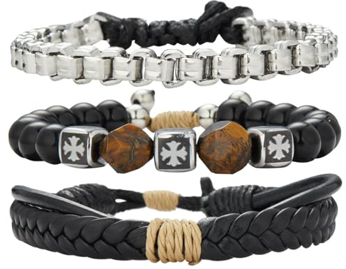 Dazylleco Bracciale Uomo Set Braccialetti in Pelle e Corda Intrecciata e Perline Bracciale Multistrato Regolabile Gioielli Regalo per Festa del Papà(82-Square Tiger Eye)