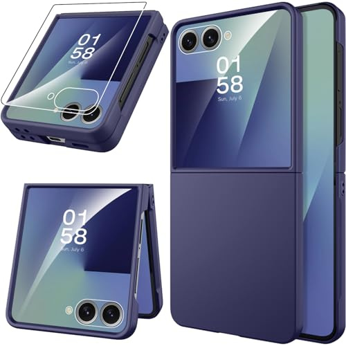Miimall Funda y Protector de Pantalla para Samsung Galaxy Z Flip 7, Slim Funda ZFlip 7 Resistente, Antigolpes Protección Completa de 360°, Antihuellas Dactilares Mate Fina Carcasa para Flip7, Azul
