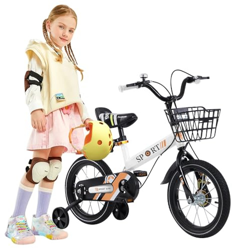 16 tums barncykel, fritidscykel, pojkcykel och flickcykel, 5 år till 8 år, vit