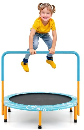 LIFEZEAL Trampolino Elastico per Bambini 3-10 Anni, 150 kg, Ø92x81cm, Interno, Esterno, Tappeto Elastico Fitness, Saltarello, Salta, Jump, Maniglia Rimovibile, Pieghevole, Telaio in Metallo (colori)