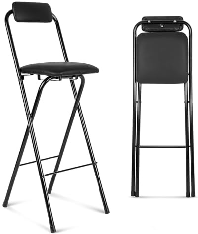 WYmaioyis Sgabello da bar pieghevole con schienale, sedia pieghevole imbottita per la colazione, colore nero, altezza seduta 75 cm, senza montaggio