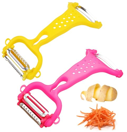 VEGCOO 2Pcs Éplucheur de Terre 3 en 1, Éplucheur à Fruits Légumes, Râpe Légumes Double Face en Acier Inoxydable (Jaune + Rose)