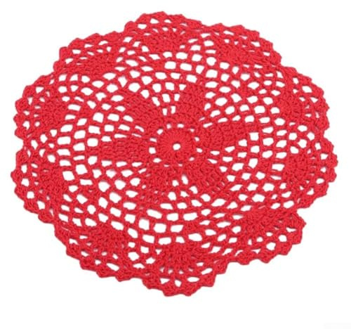 babominimer Handgefertigte Spitzendeckchen, Häkeldeckchen, Set mit 10 runden Tischsets und Tassenuntersetzern, 20 cm Durchmesser, Mischgewebe, Tischmatten für Weihnachten, Teepartys und Esstisch (rot)