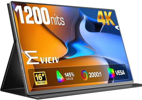 EVICIV Portable Monitor 4K 1200 Nits, 16 Laptop Monitor, 3840 * 2400 UHD, 1MS FreeSync, 2000:1 Contrast, USB-C & HDMI, VESA & Smart Case, Travel Second Screen for Computer, Mini PC, Game Consoles