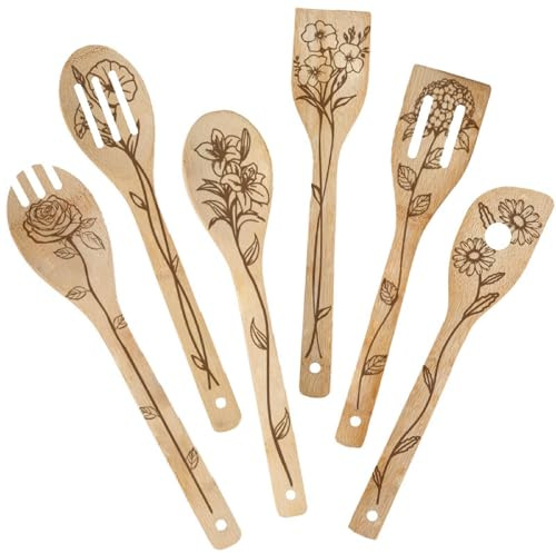 PRESSINART 6Pcs Ustensiles De Cuisine en Bambou 6 Styles Cuillères en Bois Florales 2,4 x 11,8 Pouces Ensemble Durable D'Accessoires De Cuisine en Bois pour Femme Homme Cadeau Mariage Pendaison