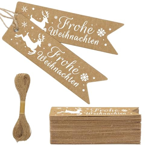 50 Stück Geschenkanhänger Kraftpapier Weihnachten Kraftpapier Anhänger Etiketten Papieranhänger mit Schnur für Weihachten Geschenke Handmade Label (weihnachten Geschenkanhänger)