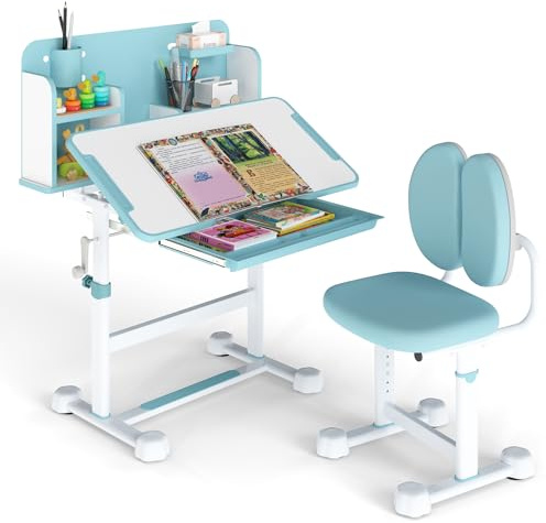 Maxmass Kids Table and Chair Set, Height Adjustable Children Desk and Chair with Tilt Desktop, Drawer, Storage Shelves, Pen Slot, Student Learning Studying Table for Writing Reading Drawing (Blue)