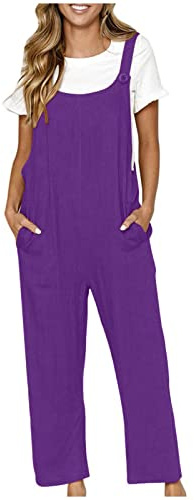 Womens Linen Jumpsuits Summer Linen Spaghetti Straps Sleeveless Playsuits with Pockets Ladies Solid Oversized Overalls Casual Loose Dungarees Holiday Going Out Romper Office Work Daily Outfits S-5XL