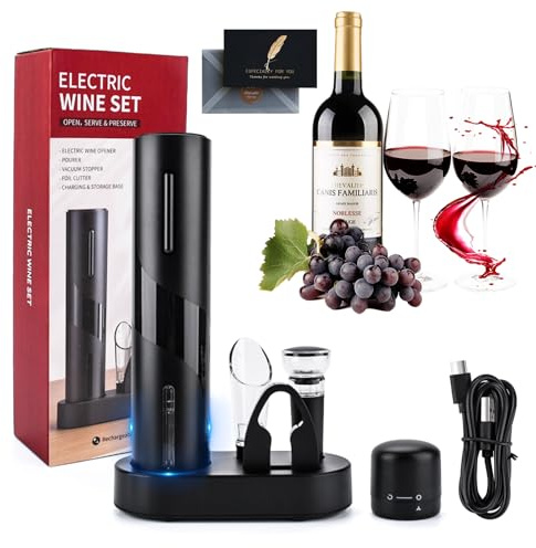 UCAMP 7 in 1 Sacacorchos Eléctrico Abridor de Vino Regalos Originales para Hombre con Abrebotellas, Cortador de Láminas, Tapones de Vacío, Boquilla Vertedora, Tapas de Sellado, Base de Carga y USB