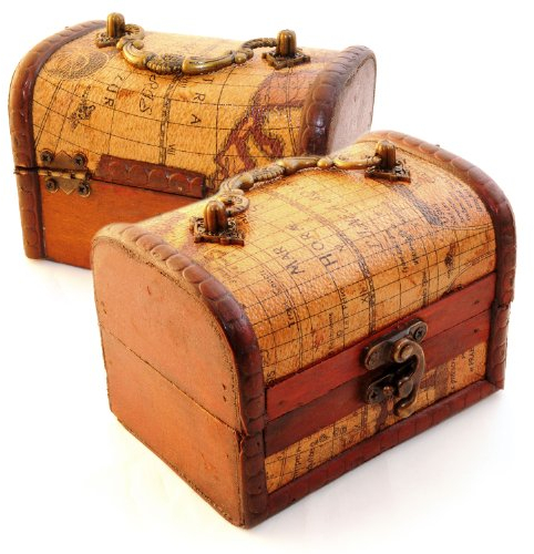 Ganzoo Schatztruhe 2er Set aus Holz mit Lederüberzug im Landkarten-Design, antik Vintage Deko Schatulle/Schatzkiste zur Aufbewahrung von Schmuck und Kleinteilen, Maße je Kiste 120 x 85 x 85 mm