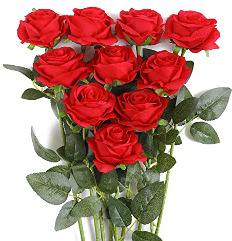 JUSTOYOU 10 PCS Red Rose Artificial,Silk Red Flowers Realistic Bouquet,Single Long Stem Fake Roses for Home Table Office Party Wedding Garden Arrangements(10 PCS，Red)