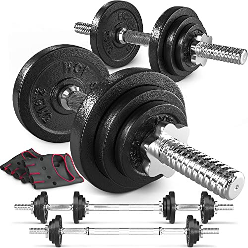 Hop-Sport 2in1 Hantelset Kurzhanteln & Langhantel – Verstellbare Gusseisen Hanteln mit Verbindungsrohr – Training Zuhause Krafttraining inkl. Trainingshandschuhe