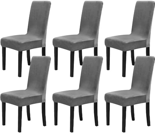 Chickwin Stuhlhussen 6er Set, Samt Dehnbarer Stuhlbezug, Waschbarer Hohen Zurück Stuhlhussen Slipcover Für Esszimmer, Hotel, Küche, Bankett, Partys,Abnehmbaren Stuhl Schutz -Grau