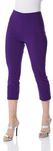 Roman Originals Cropped Trousers for Women UK Ladies Capri Leggings Summer Pants Short Crop Stretch 3/4 Length Three Quarter Pedal Pusher Clothes Elasticated Bengaline Cut Off - Purple - Size 22