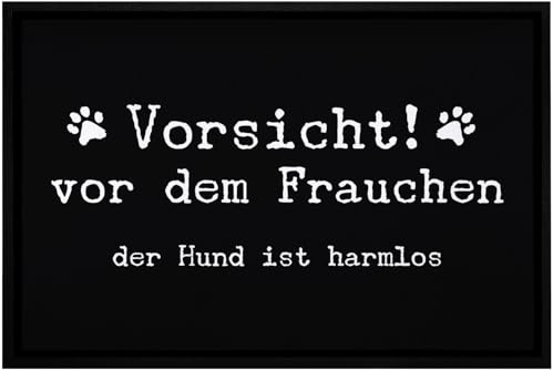 MoonWorks® Fußmatte Spruch lustig Vorsicht vor dem Frauchen der Hund ist harmlos Hundebesitzer rutschfest & waschbar Weiss 60x40cm