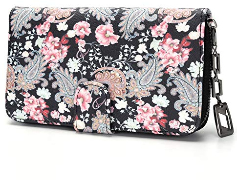 Geldbeutel Damen groß im Langformat, Geldbörse mit Blumen und Blüten Muster im Mandala und Ethno Stil, Portemonnaie mit Reißverschluss und Druckknopf und vielen Fächern (Floral Dreams).