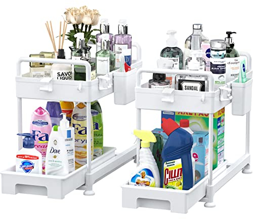 SOLEJAZZ 2-stöckiger Organizer unter der Spüle, zum Schieben unter dem Badezimmerschrank, Aufbewahrung von Schubladen, mit Haken, zum Aufhängen, Trennwänden, Mehrzweck-Regal, weiß, 2 Stück