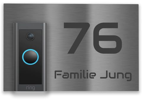 Jung Edelstahl Design Modernes V2A Edelstahl Türschild optimiert für Ring Video Doorbell wired Klingelschild 20x13 cm Haustürschild mit Hausnummer und Namen individuell personalisierbar… (Edelstahl)