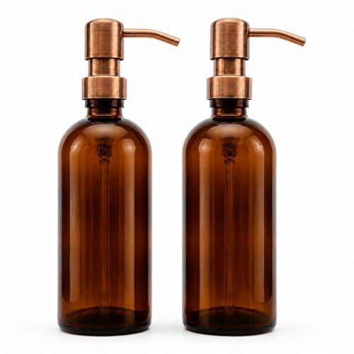 2 PCS Avalon Amber Glass Soap Dispenser Bottles 300ml with Metal Pumps (BPA-Free) Lotion Pump/Soap Dispensers – Reusable Refillable Eco friendly, Sustainable Living/Gift (Vintage Copper Style Pump)