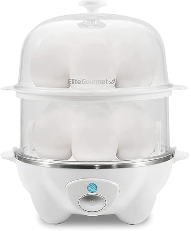 Elite Gourmet EGC1405W 2-Tiered Rapid Egg Cooker, 5-Egg Poacher, Omelets, Soft, Medium, Hard-Boiled Eggs with Auto Shut-Off and Buzzer, BPA Free, 14 eggs, White