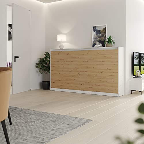 Schrankbett Classico 100x200 cm Horizontal Weiß/Wildeiche mit GASDRUCKFEDERN, Wandklappbett,Wandbett fürs Wohnzimmer, Gästezimmer, Büro, Schlafzimmer