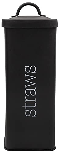 AuldHome Design Farmhouse Enamelware Straw Holder (Black); Retro Metal Straw Storage Canister