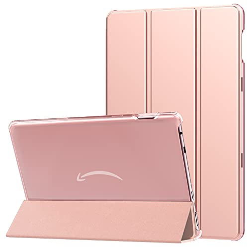 MoKo Hülle für Amazon Fire HD 10 Tablet (13. Gen, 2023 Modell) 10.1, PU Leder Dreifach Schutzhülle für Fire Tablet 10 2023 transparent gefrostet Rückseite, Auto Schlaf/Aufwach, Rosagold