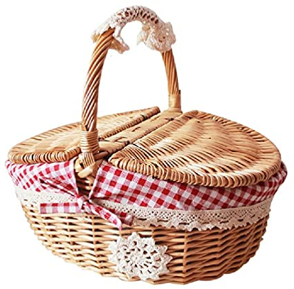 Rattan-Korb für den Außenbereich, ländlicher Stil, Weidenkorb mit Deckel und Griff, hochwertige Einlagen, Lebensmittelkorb, Obstkorb, Pflanzenkörbe, für den Innenbereich, klein