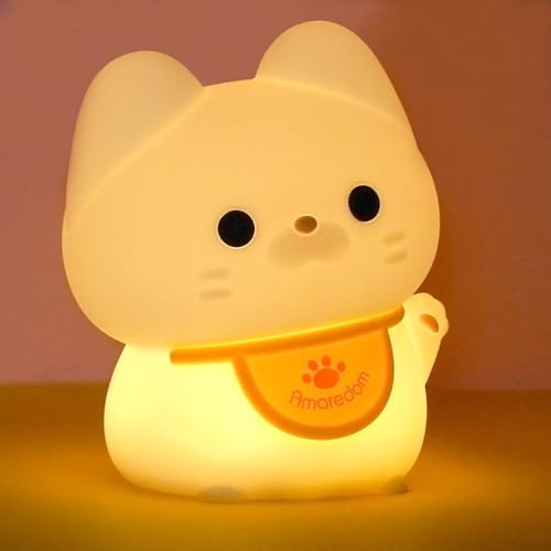 Amaredom Waving Kitten Night Light, Cute Cat Lamp, Baby Toddler Room Decor | BPA-Free Soft Silicone, 20 Min Timer, Tap Control, Dimmable Rechargeable LED Bedside Light, Gifts for Kids Baby Girls Women