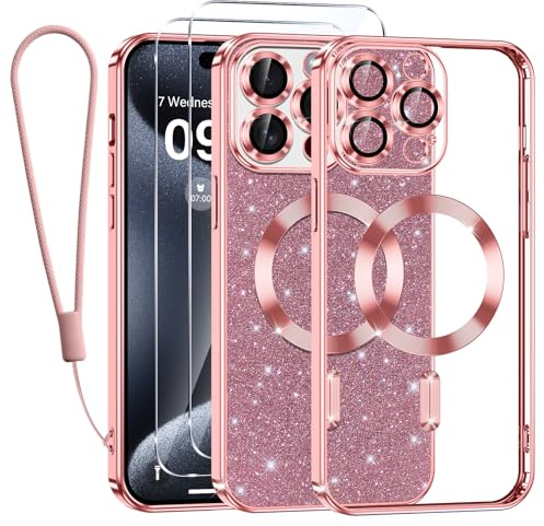 Kokio Glitter Magnetica Cover per iPhone 15 Pro Max con Cordino, Compatibile con MagSafe, Brillantini Sottile Silicone TPU Antiurto Custodia per iPhone 15 Pro Max con 2 Vetro Temperato Bumper, Rosa