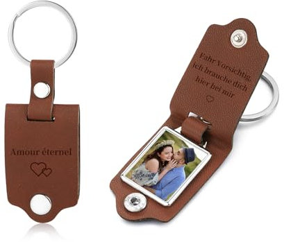 Jeweidea Personalisierte Fotos Schlüsselanhänger Mit Gravur Text Kalender für Frauen Männer Paar - PU Leder Edelstahl Zubehör für Freunde Valentinstag