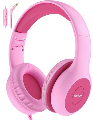 EarFun Kids Headphones with Mic, Wired Headphones Kids 85/94dB Volume Limit, Sharing Function, Stereo Sound Adjustable Headband Children Headphone for School/Travel/Phone/Tablet, Fuscia Pink