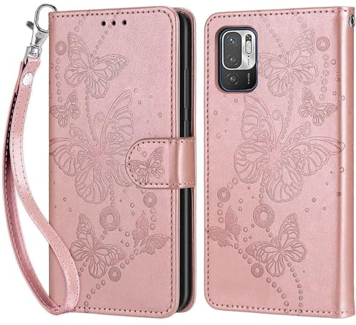 Handyhülle für Xiaomi Redmi Note 10 5G Hülle, Roségold Schmetterling | PU Leder Flip, Klappbar, Stoßfest, Magnetisch, Standfunktion, Kartenfächer, Retro Design, Handgelenkband