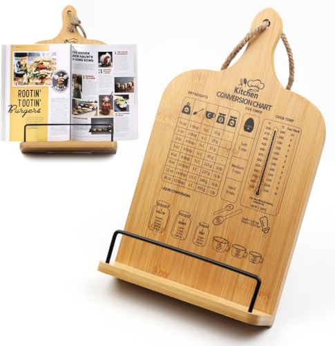 Cookbook Stand, Wooden Cookbook Holder with Measurement Conversion Chart, Adjustable Cook Book Stand for Kitchen Counter, Recipe Book Holder Stand