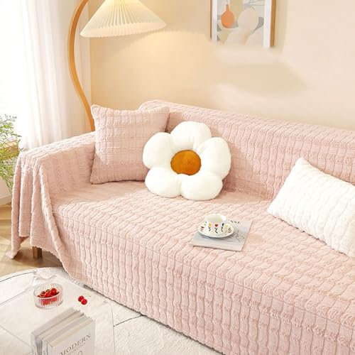 Epinki Sofa Überzug, 180x130CM Sofahusse 1 Sitzer Einfarbig Gitter Muster, Anti-Rutsch Waschbar Sofa Protection Cover Sofaschoner aus Plüsch für Wohnzimmer, Rose